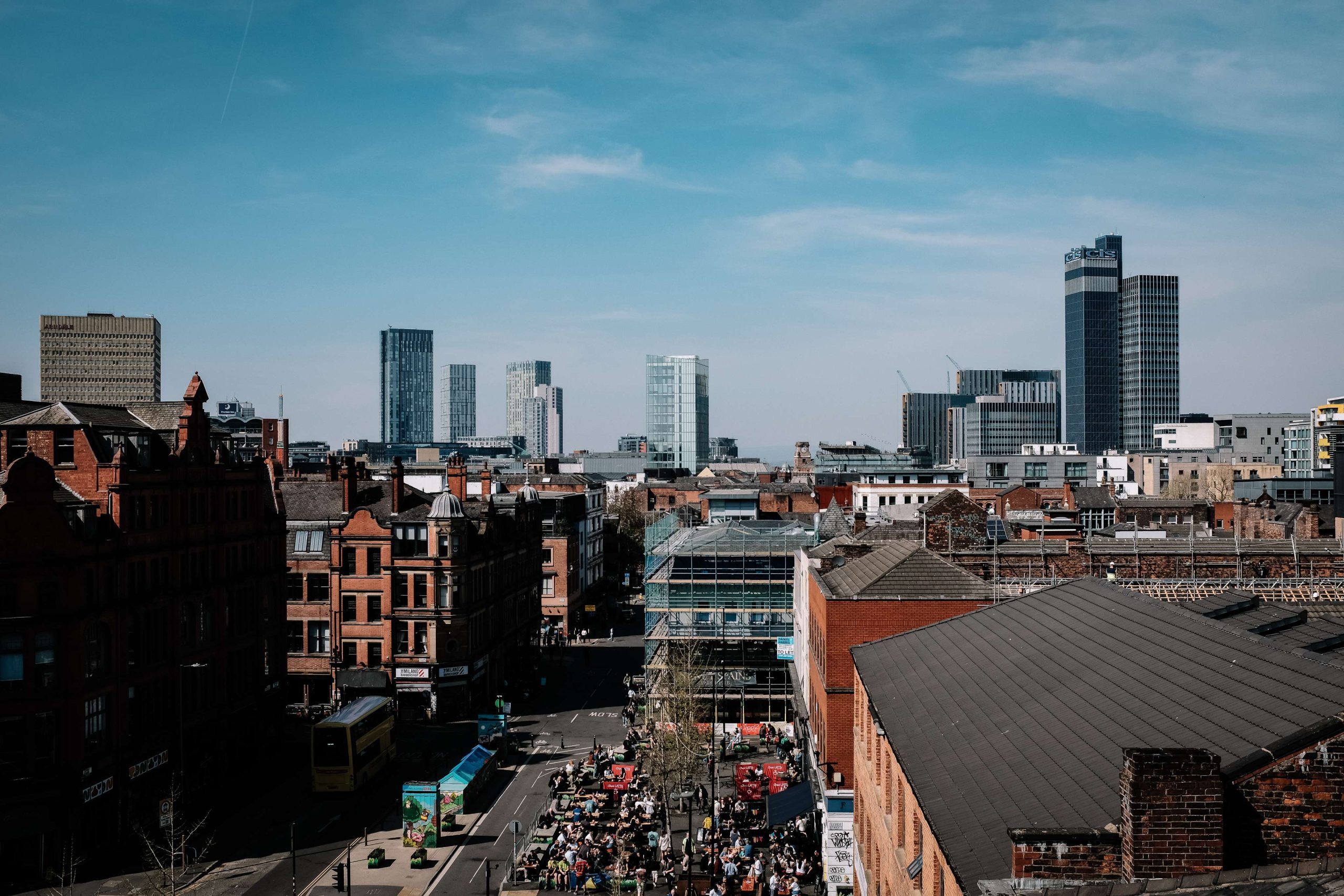 Landscape shot of manchester city centre with high-rise skyscrapers